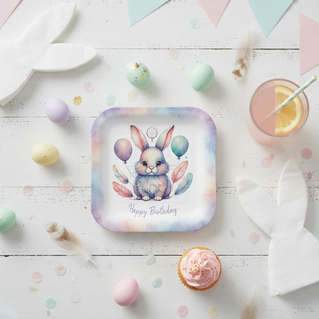 Cute Watercolor Bunny Rabbit Balloons Birthday  Paper Plate (Cute Watercolor Bunny Rabbit Balloons Birthday Paper Plates)