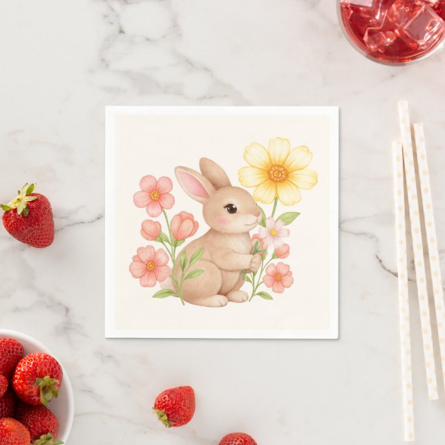 Cute Watercolor Bunny Rabbit Floral  Napkin (Insitu)