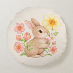 Cute Watercolor Bunny Rabbit Floral  Round Cushion