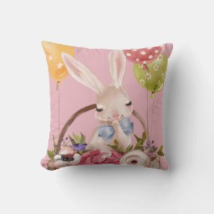 Cute Watercolor Bunny Rabbit Flowers Easter Cushion