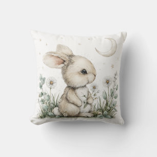 Cute Watercolor Bunny Rabbit with Moon and Stars Cushion