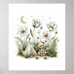 Cute Watercolor Bunny Rabbit with Moon and Stars Poster