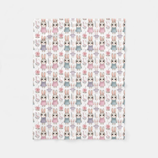 Cute Watercolor Bunny Seamless Pattern Fleece Blanket (Front)