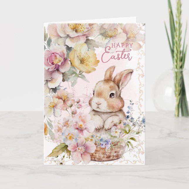 Cute Watercolor Bunny | Spring Flowers | Photo  Card (Front)