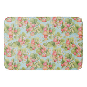 Cute Watercolor Bunny with Strawberries Bath Mat