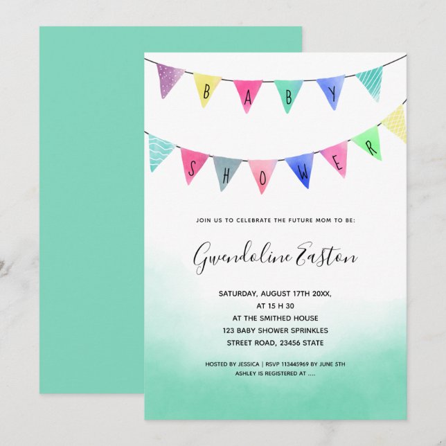 Cute watercolor bunting flags script baby shower invitation (Front/Back)