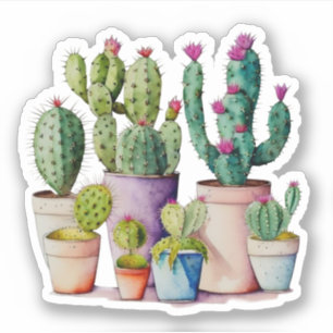 Cute watercolor cacti cactus succulents in pots