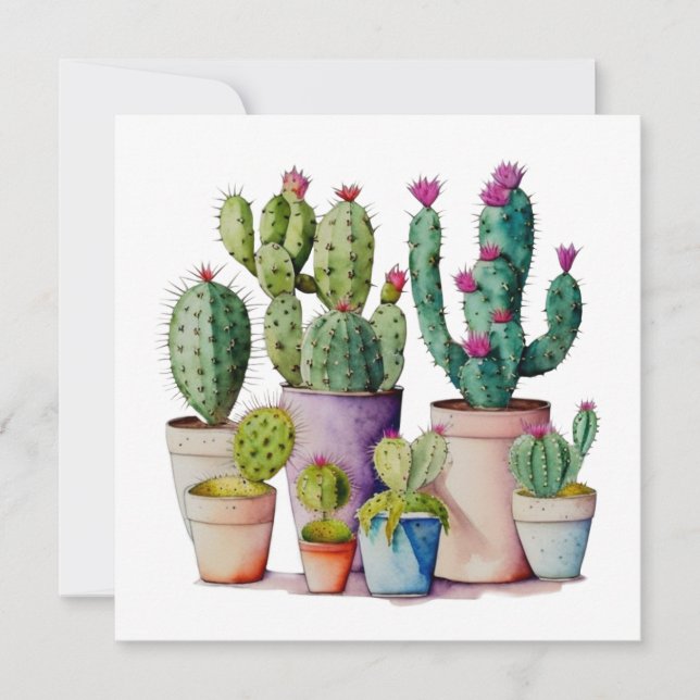 Cute watercolor cacti cactus succulents in pots invitation (Front)