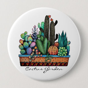 Cute Watercolor Cactus Garden In Pot 10 Cm Round Badge