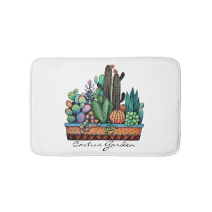 Cute Watercolor Cactus Garden In Pot Bath Mat
