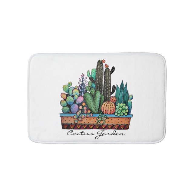 Cute Watercolor Cactus Garden In Pot Bath Mat (Front)
