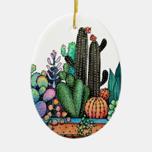 Cute Watercolor Cactus Garden In Pot Ceramic Ornament