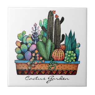 Cute Watercolor Cactus Garden In Pot Ceramic Tile