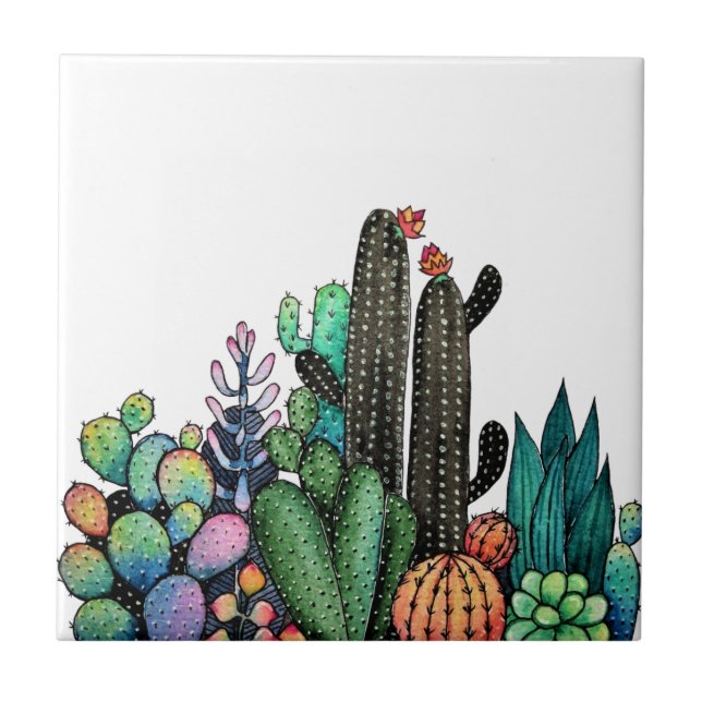 Cute Watercolor Cactus Garden In Pot Ceramic Tile (Front)