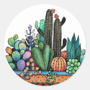 Cute Watercolor Cactus Garden In Pot Classic Round Sticker