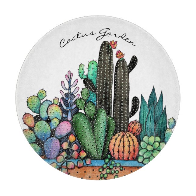 Cute Watercolor Cactus Garden In Pot Cutting Board (Front)