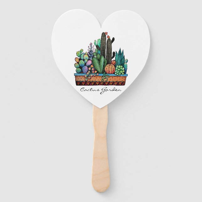 Cute Watercolor Cactus Garden In Pot Hand Fan (Front)