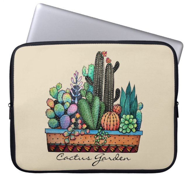Cute Watercolor Cactus Garden In Pot Laptop Sleeve (Front)