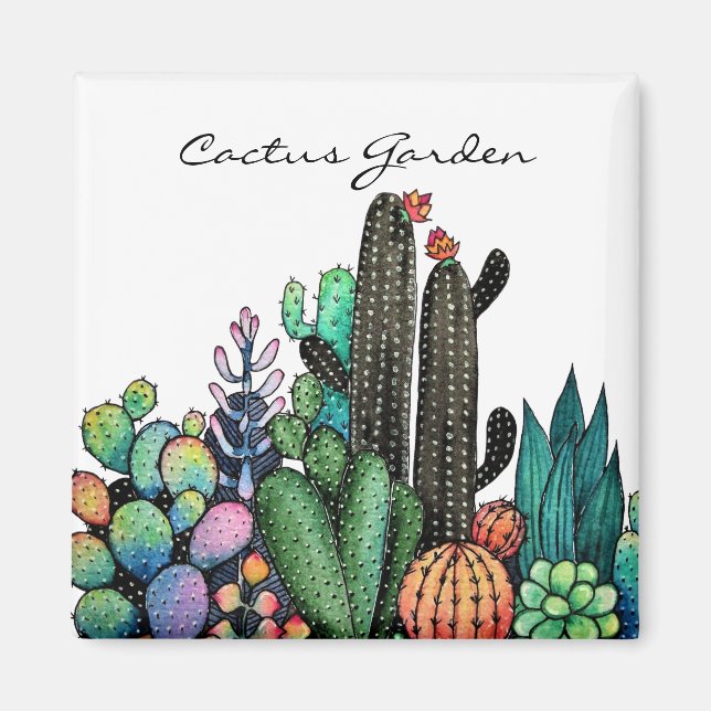 Cute Watercolor Cactus Garden In Pot Magnet (Front)