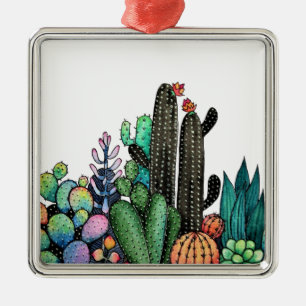 Cute Watercolor Cactus Garden In Pot Metal Ornament