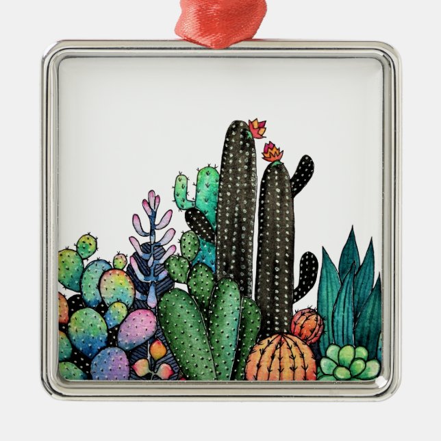 Cute Watercolor Cactus Garden In Pot Metal Ornament (Front)
