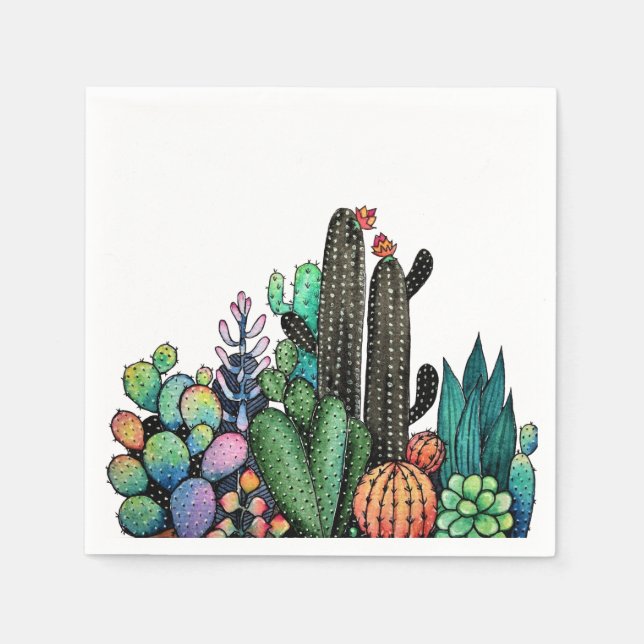 Cute Watercolor Cactus Garden In Pot Napkin (Front)