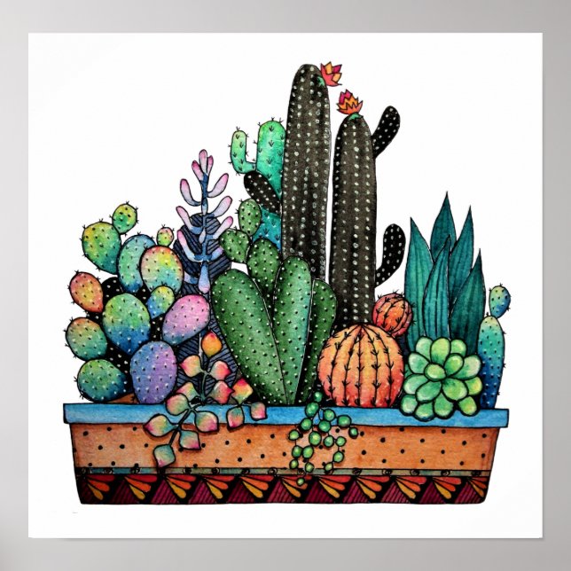 Cute Watercolor Cactus Garden In Pot Poster (Front)