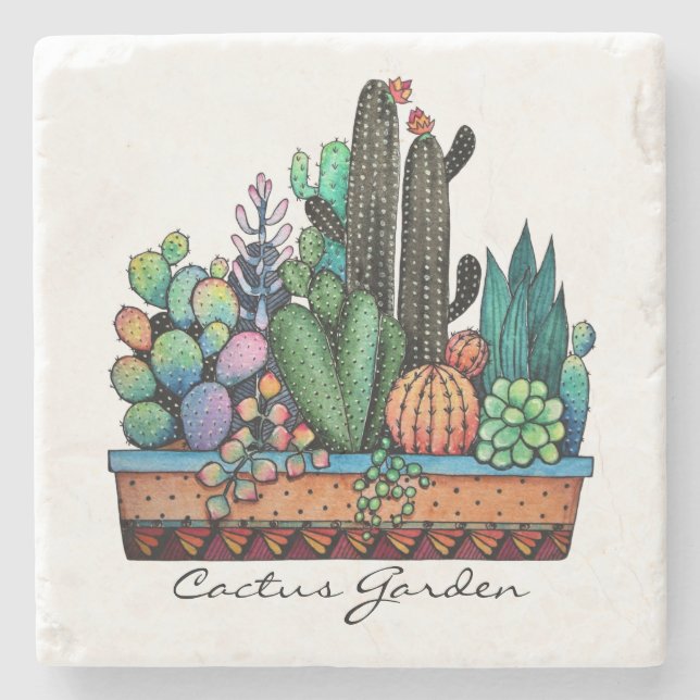 Cute Watercolor Cactus Garden In Pot Stone Coaster (Front)
