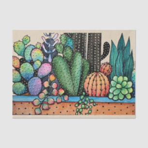 Cute Watercolor Cactus Garden In Pot Tissue Paper