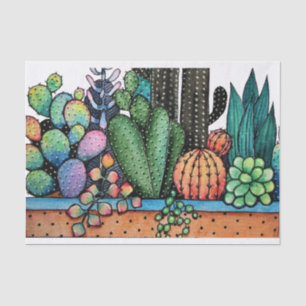 Cute Watercolor Cactus Garden In Pot Tissue Paper