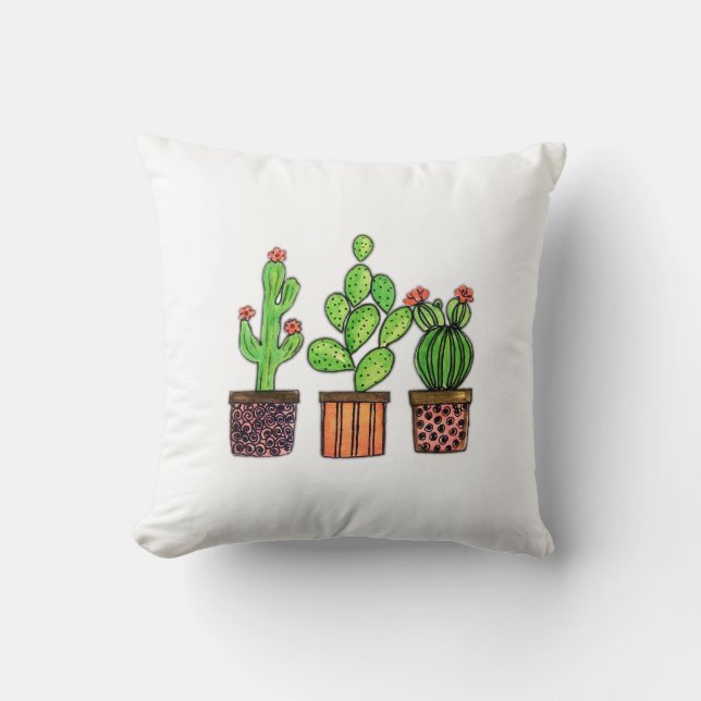 Cute Watercolor Cactus In Pots Cushion (Front)