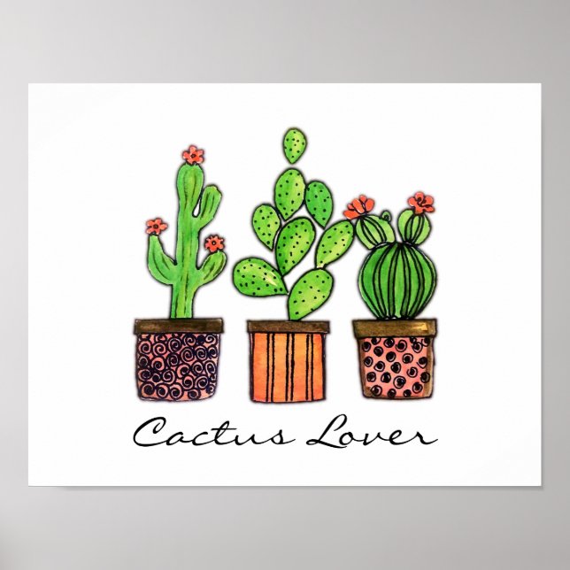 Cute Watercolor Cactus In Pots Poster (Front)