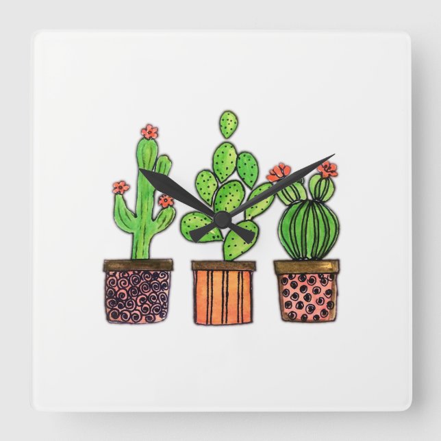 Cute Watercolor Cactus In Pots Square Wall Clock (Front)