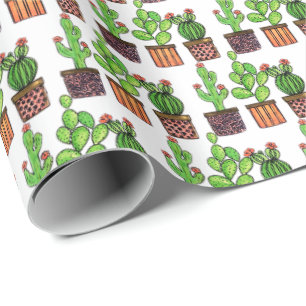 Cute Watercolor Cactus In Pots Wrapping Paper