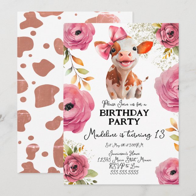 Cute Watercolor Calf Cow Birthday Pink Florals Invitation (Front/Back)