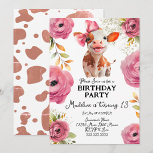 Cute Watercolor Calf Cow Birthday Pink Florals Invitation