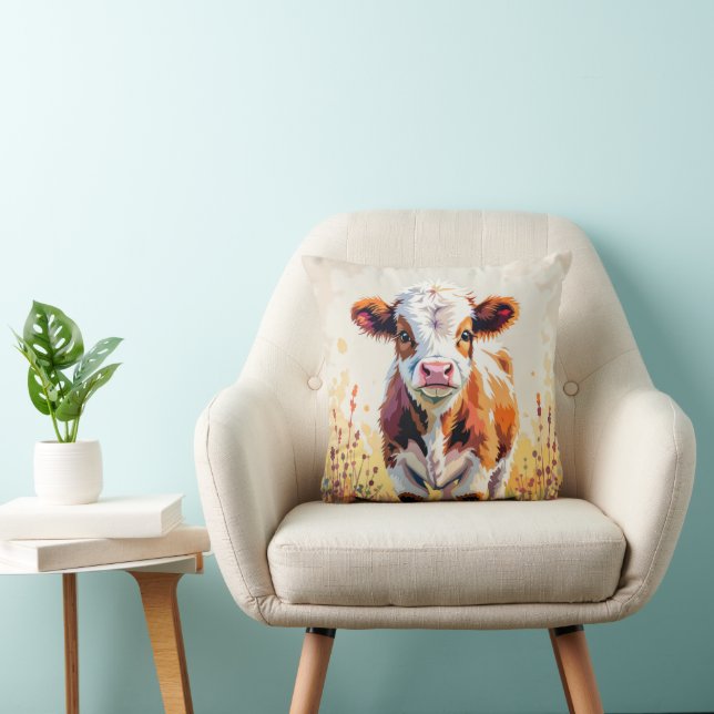 Cute Watercolor Calf In Field Flowers Cushion (Chair)