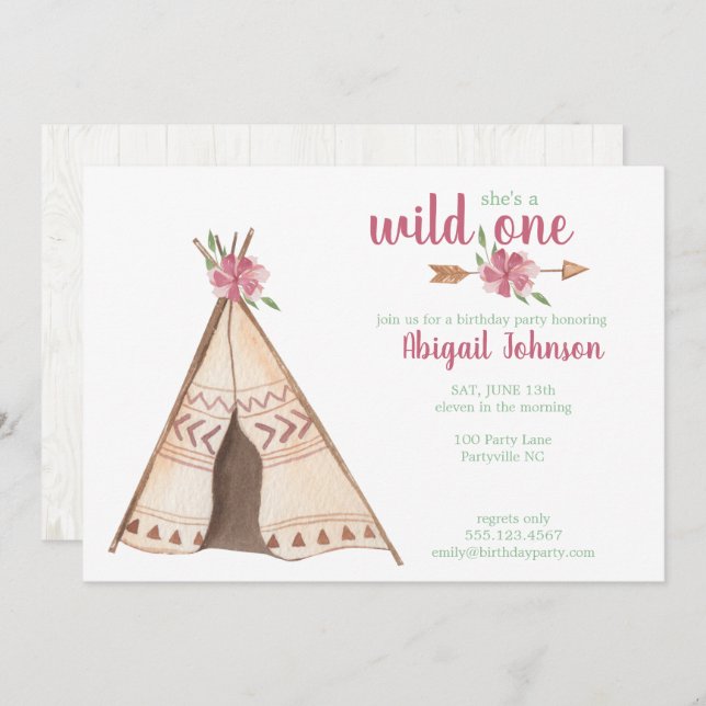Cute Watercolor Camping Wild One First Birthday Invitation (Front/Back)