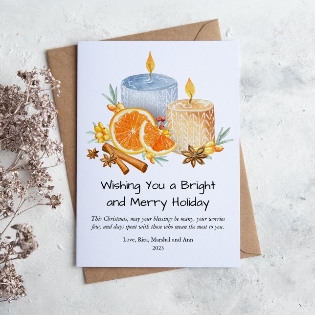 Cute Watercolor Candles Merry Christmas Flat Holiday Card (Creator Uploaded)