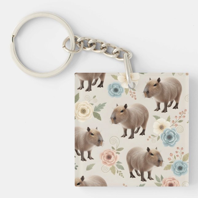 Cute Watercolor Capybara Seamless Pattern Key Ring (Front)