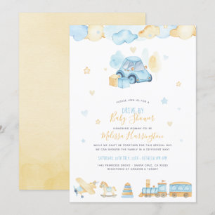 Cute Watercolor Car Baby Boy Drive-By Baby Shower Invitation