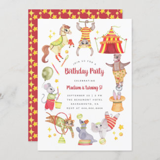 Cute Watercolor Carnival Circus Animal Birthday Invitation