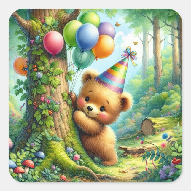 Cute Watercolor Cartoon Baby Bear Cub Birthday Square Sticker (Front)
