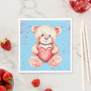 cute watercolor cartoon bear with red heart napkin