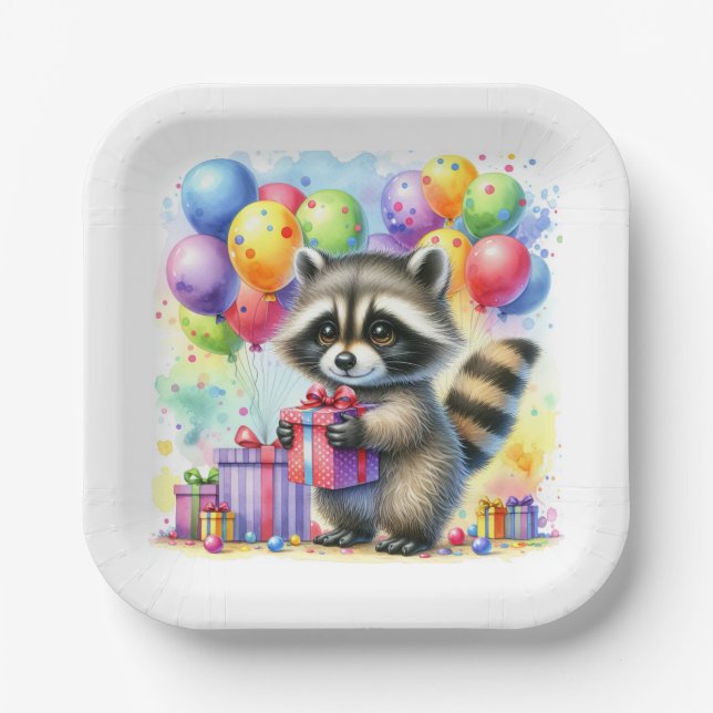 Cute Watercolor Cartoon Racoon Birthday Paper Plate (Front)