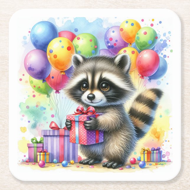 Cute Watercolor Cartoon Racoon Birthday Square Paper Coaster (Front)