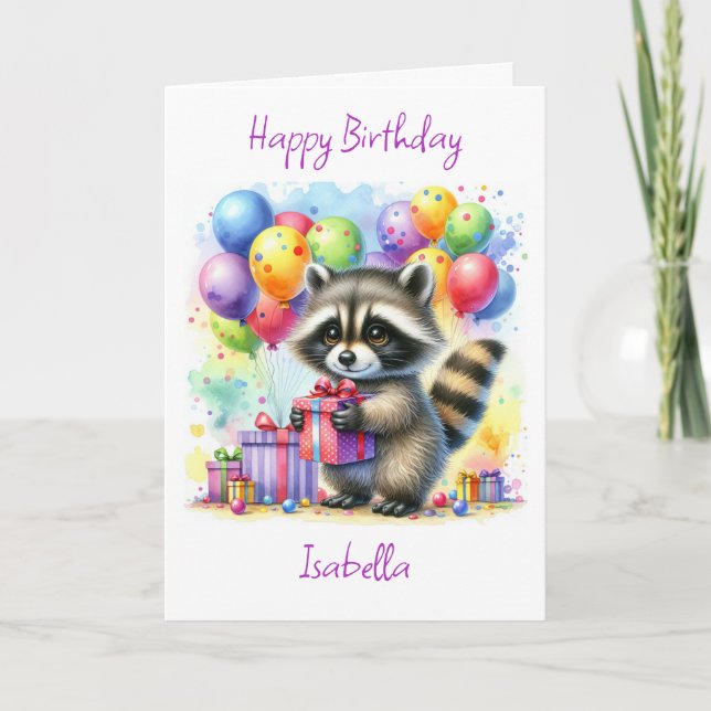 Cute Watercolor Cartoon Racoon Happy Birthday Card (Front)