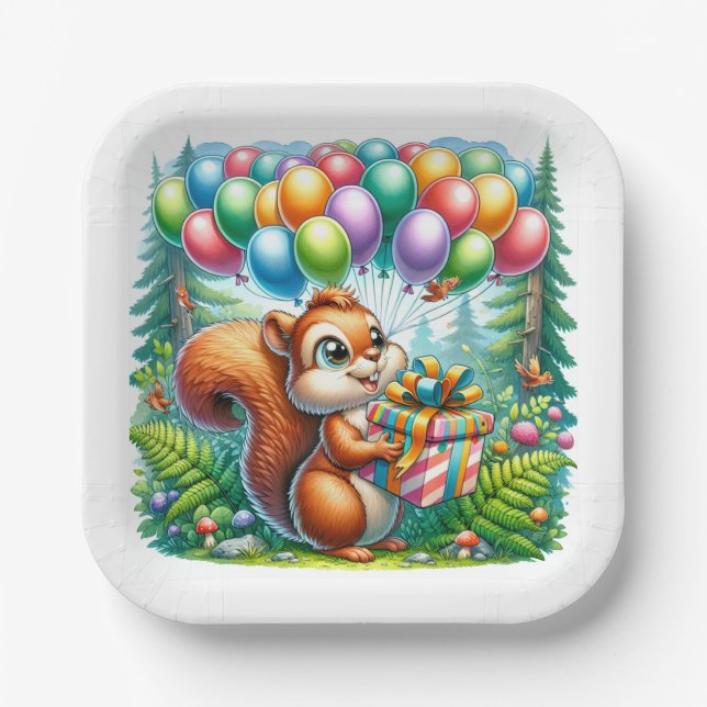 Cute Watercolor Cartoon Squirrel Birthday Paper Plate (Front)