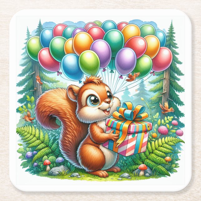 Cute Watercolor Cartoon Squirrel Birthday Square Paper Coaster (Front)