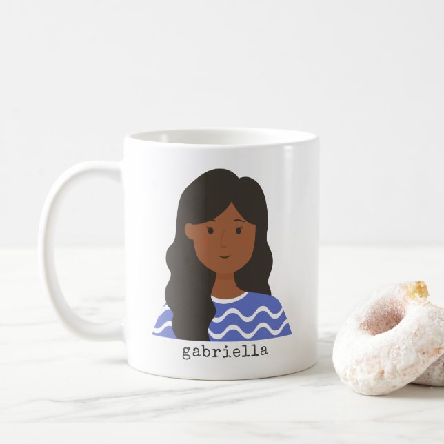Cute Watercolor Cartoon Woman Portrait Custom Coffee Mug (With Donut)